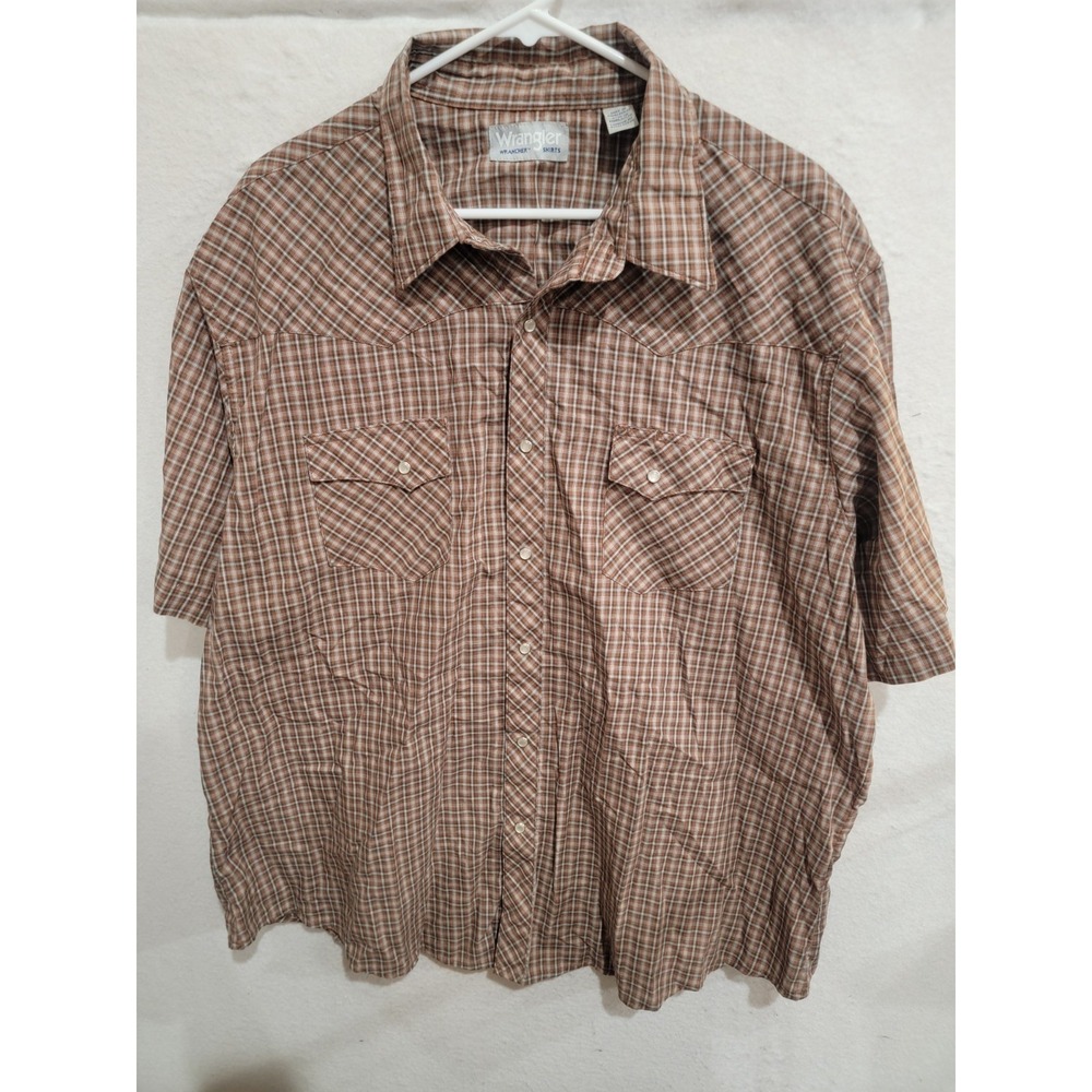 Wrangler Wrancher Mens XXL Western Pearl Snap Shirt Brown Turquoise Plaid 2XL